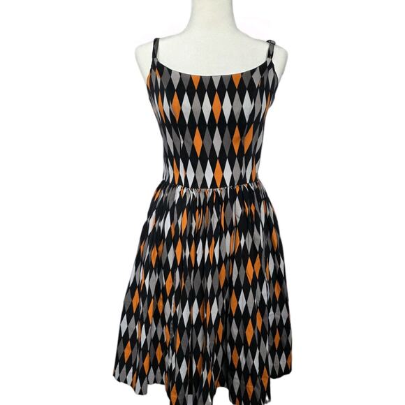 PINUP COUTURE PUG Jenny Halloween Harlequin Dress Large Black Orange Vintage - Picture 2 of 11